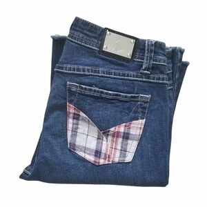 Baby Phat Womens Bootcut Denim Jeans Size 9 Plaid Pocket Accent Logo Plate.